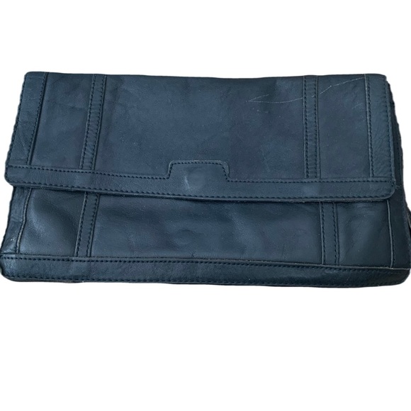 Vintage Black Leather Envelope Clutch Bag with Stitching Details - Picture 1 of 6